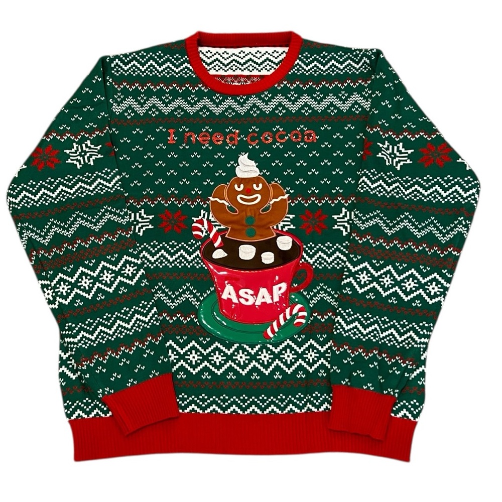 New Womens Giggling‎ Get Up Ugly Christmas Sweater “I need cocoa” Gingerbread XL